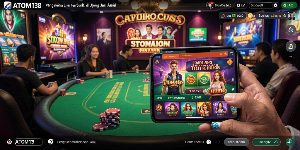 Screenshot ATOM138 menunjukkan dealer profesional sedang beraksi dalam permainan Live Casino.