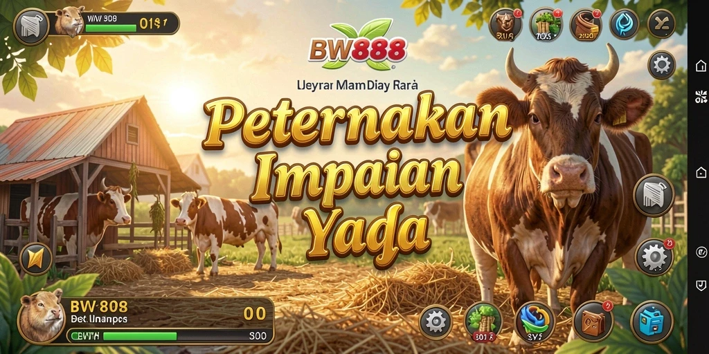 Screenshot BW888 menampilkan peternakan luas dengan tanaman subur dan hewan lucu.