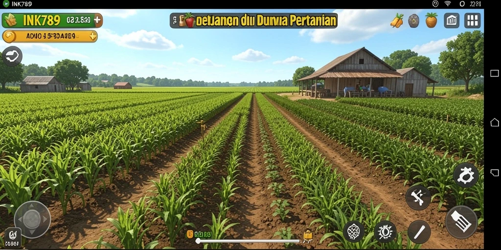 Tampilan gameplay seru di INK789 dengan lahan pertanian yang hijau.