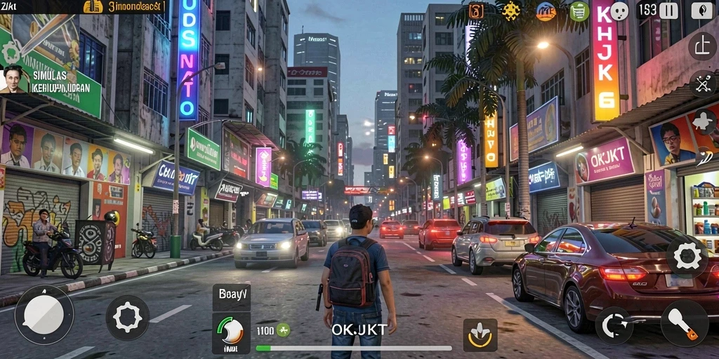 Tangkapan layar gameplay OKJKT dengan karakter yang berinteraksi di kota.