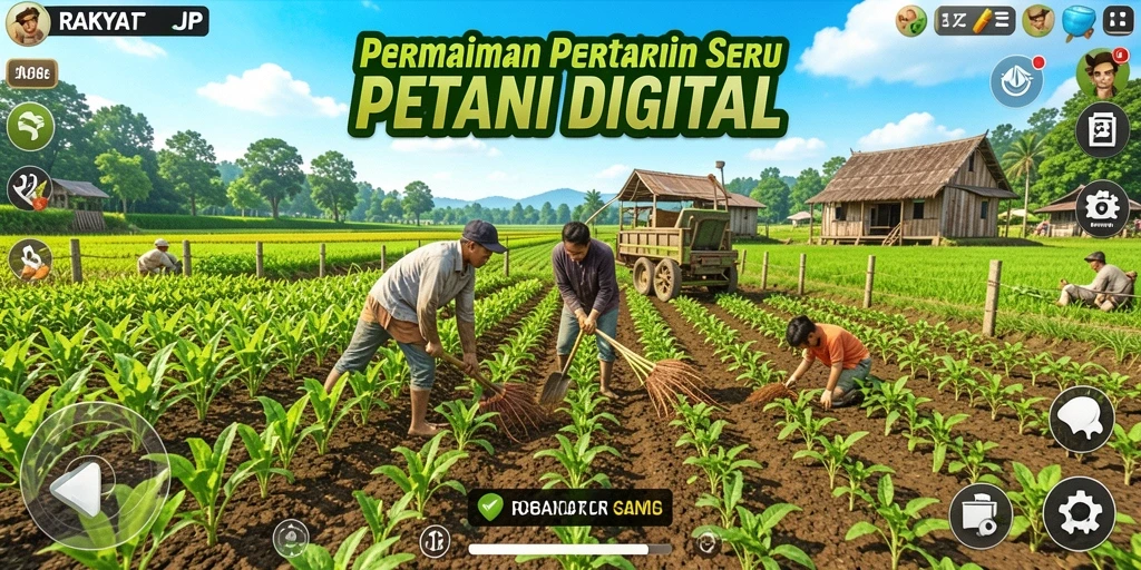 Screenshot gameplay RAKYATJP yang menunjukkan kebun rimbun dan beragam tanaman.