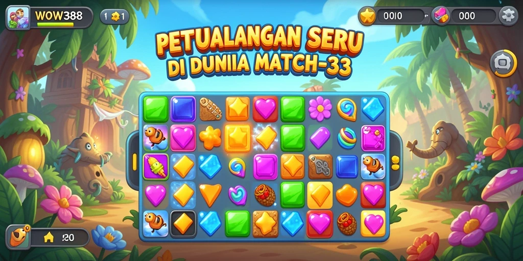 Screenshot WOW388 menampilkan aksi seru permainan Match-3 dengan kombinasi warna cerah.